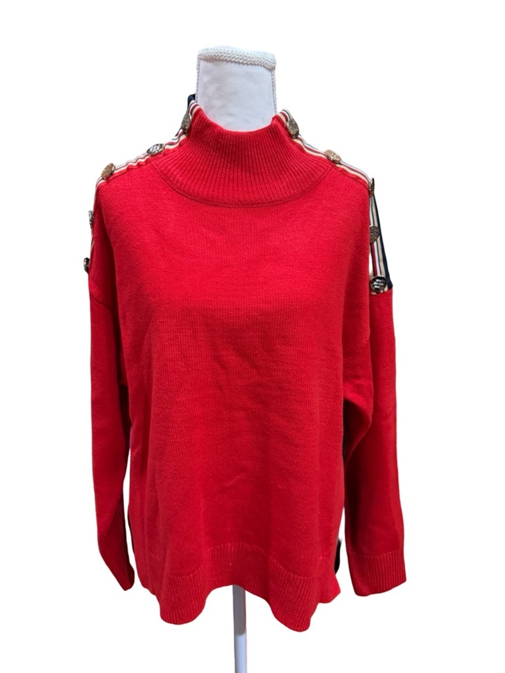 Tommy Hilfiger Mock Neck Sweater Small Red Colorblock Button Shoulder NWT Preppy - Picture 7 of 13
